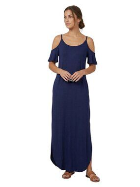 NWT | Navy Blue Cold Shoulder Flutter Sleeve Maxi Dress with Side Slits | Small
